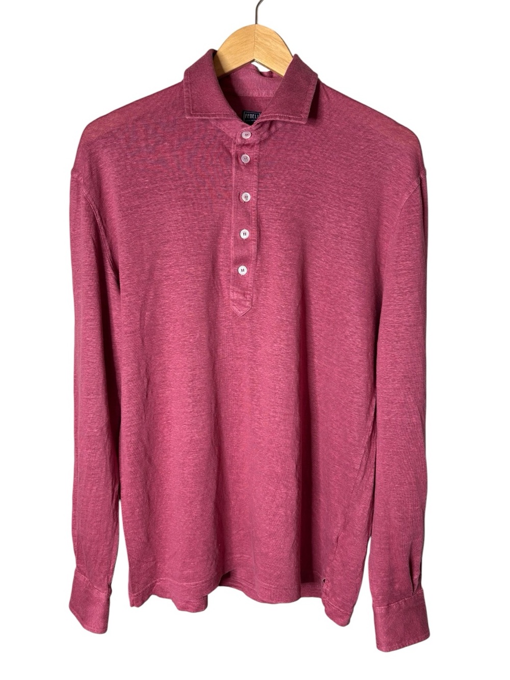 Fedeli Men’s L Linen Blend Pullover Polo Long Sleeve Button Down Made in Italy